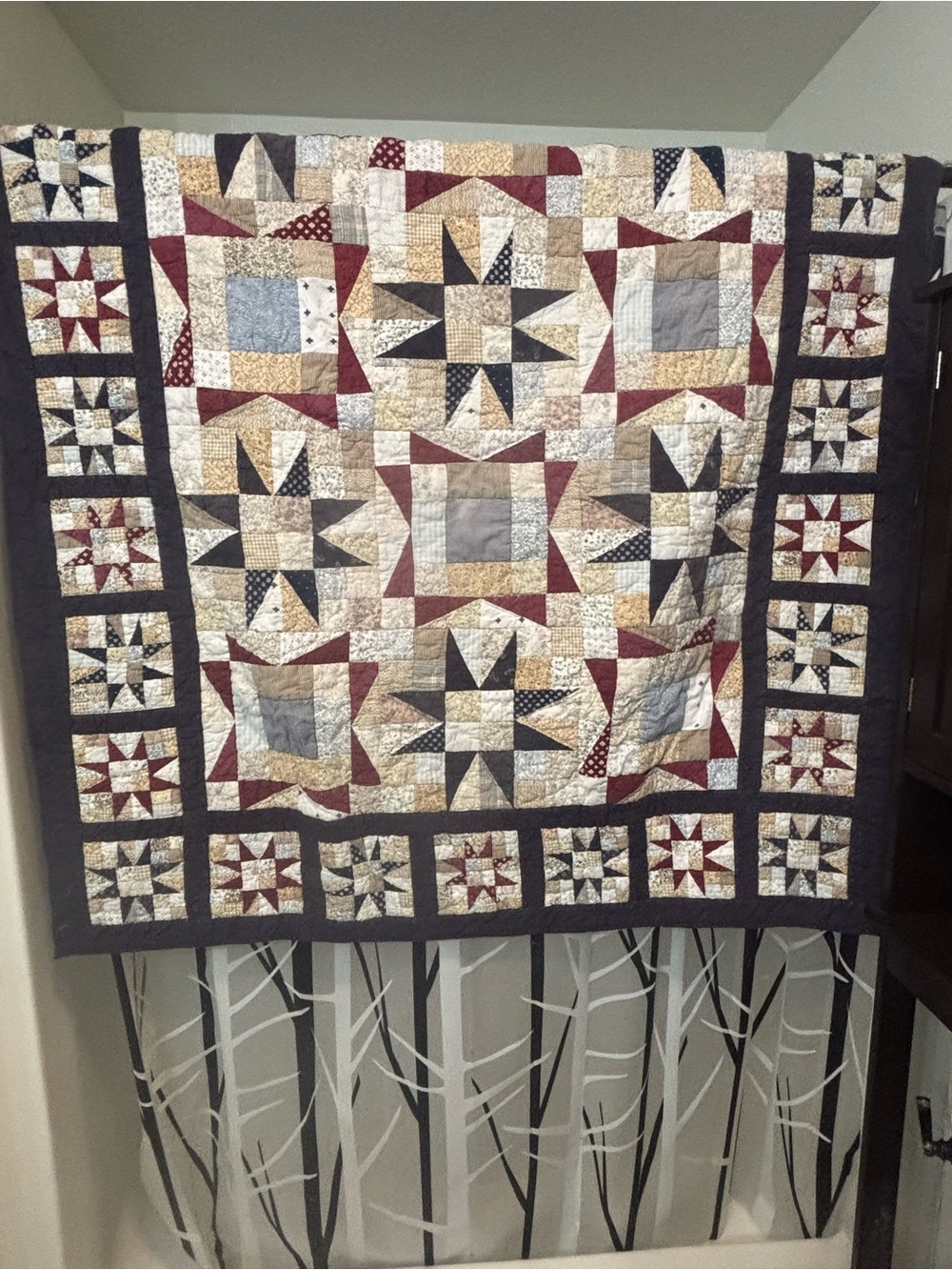 Handmade Star Patchwork Quilt in Burgundy, Cream, Gray